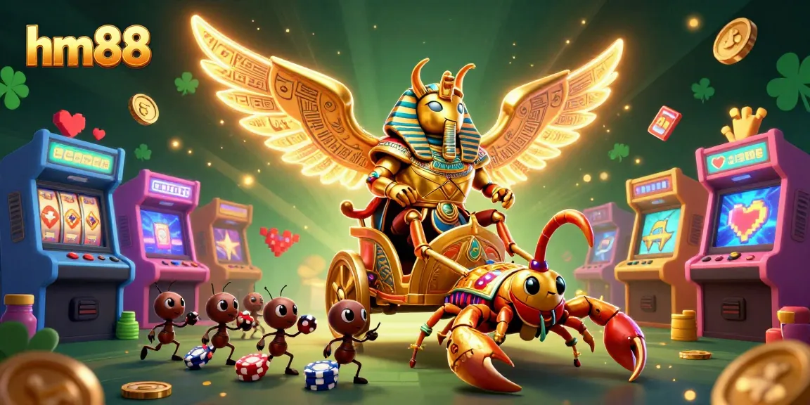 Join the adventure with hm88's 3D gaming characters amidst vibrant slot machines and glowing power-ups.