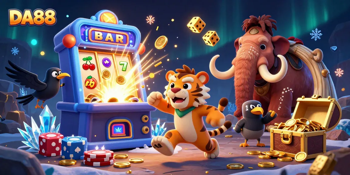 Experience thrilling gameplay at DA88, with animated slot machines and casino elements offering big wins.