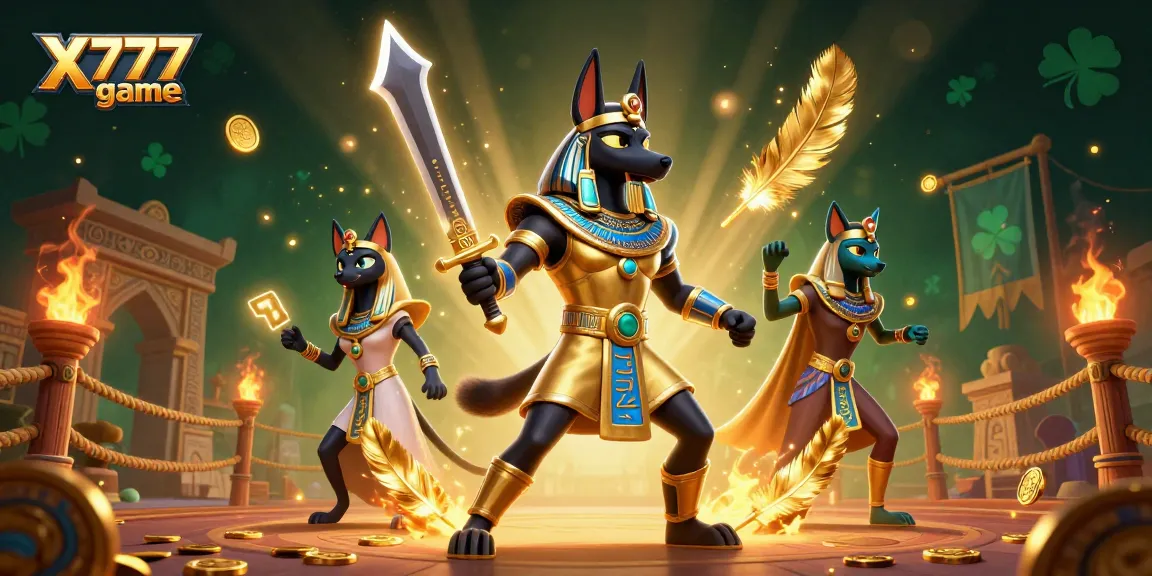 Engage with the thrilling X777 game featuring Anubis and Bastet amidst swirling golden elements and betting tokens.