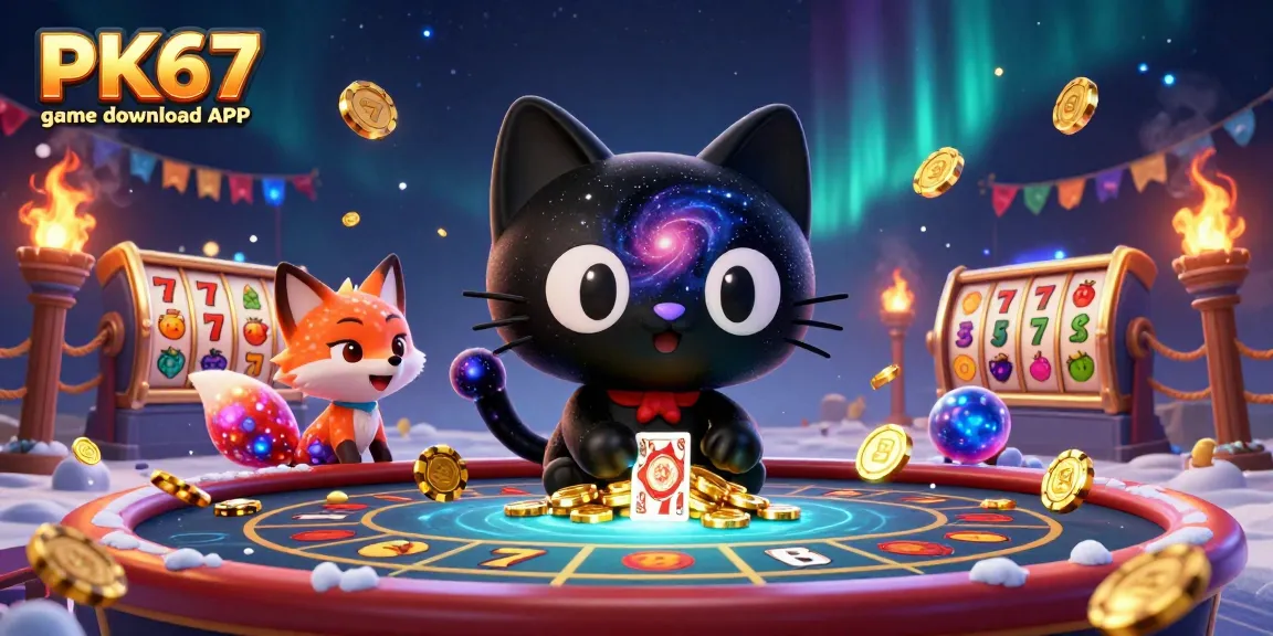 Engage in the excitement of PK67 game download APK with a vibrant cosmic casino scene featuring colorful characters and dynamic gaming elements.