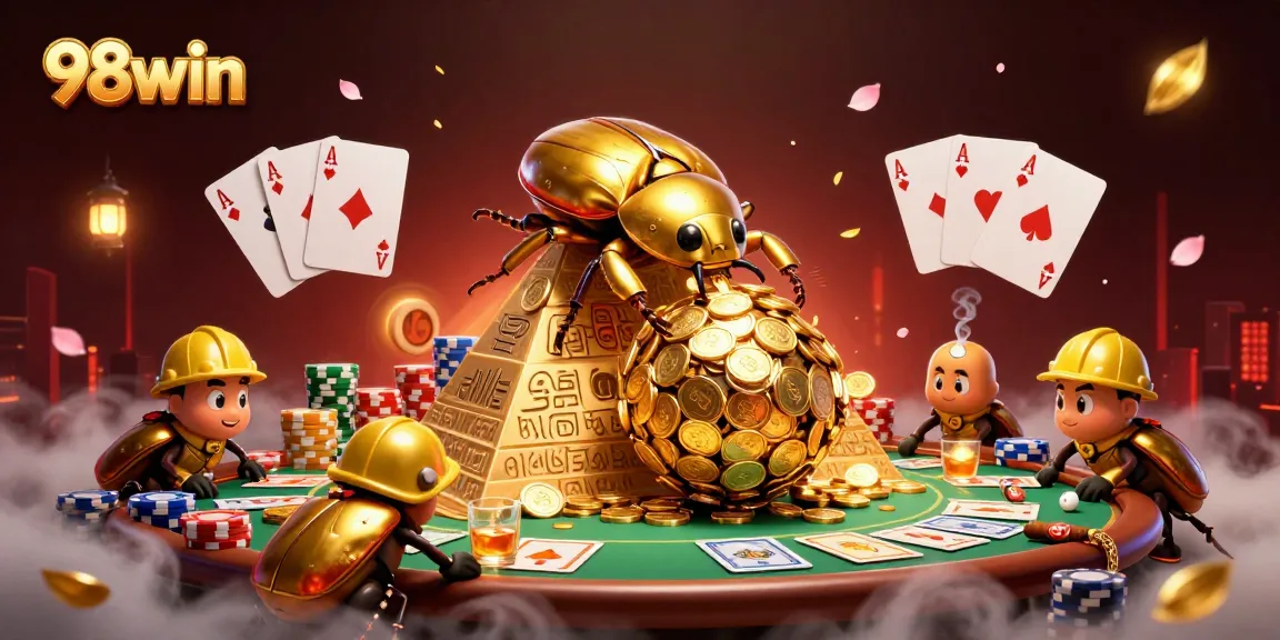 98win captures excitement with a 3D illustration of a golden dung beetle rolling a coins ball in a vibrant casino scene.