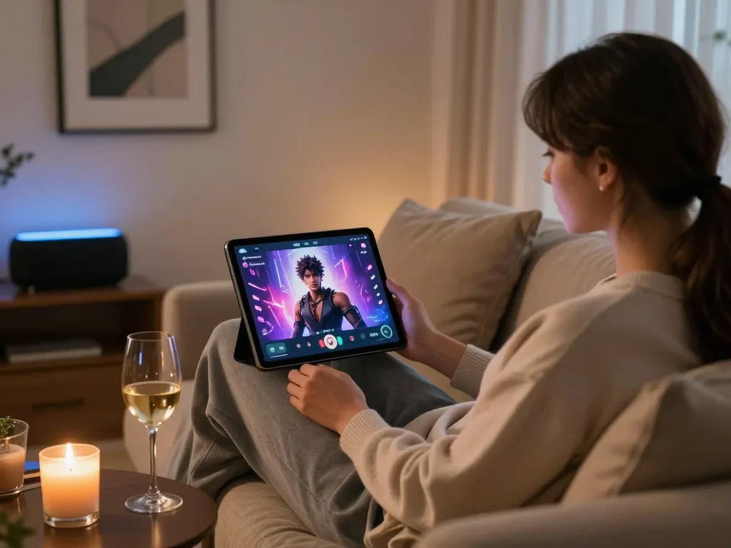 Engaging in intimate AI NSFW chat on a modern tablet in a cozy setting with ambient lighting.
