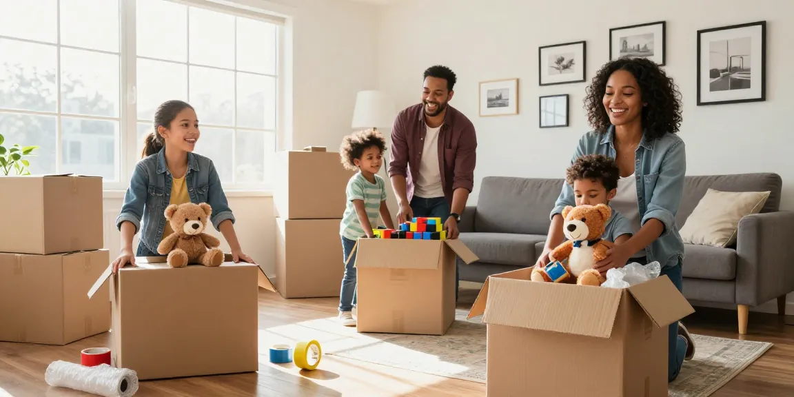 Family joyfully preparing for moving services in a bright living room, packing boxes.