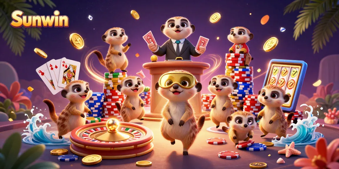 Sunwin meerkats managing an exciting casino action with vibrant chips and gold, showcasing top games.