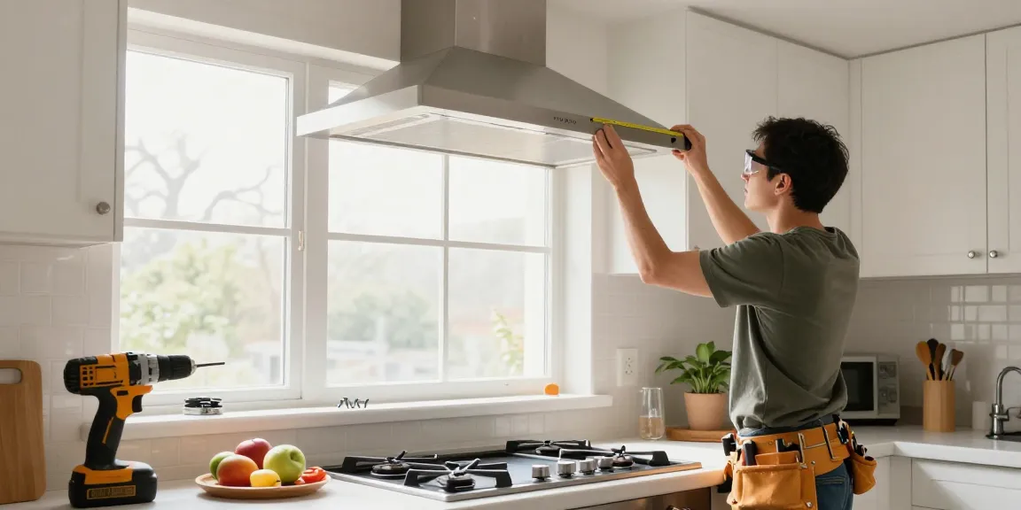 DIY enthusiast focused on exhaust hood installation in a bright kitchen.