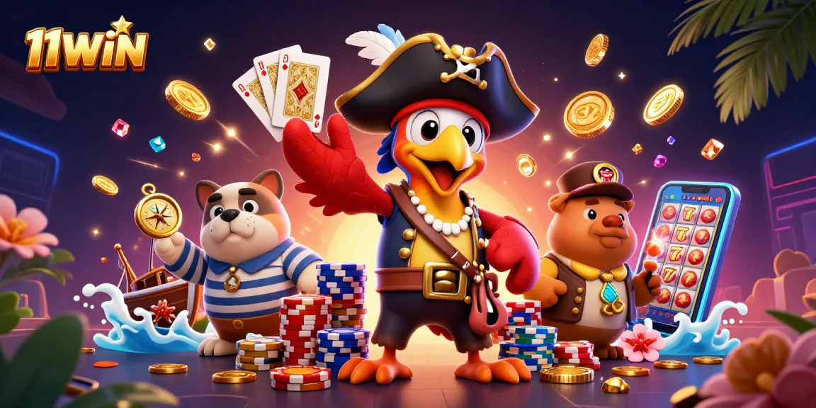 Engage with 11WIN's colorful casino world featuring a pirate parrot and stacked poker chips.