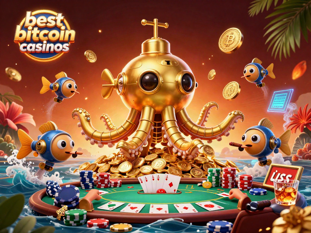 Experience the exhilarating world of the best bitcoin casinos with vibrant 3D kraken submarine and crypto elements.