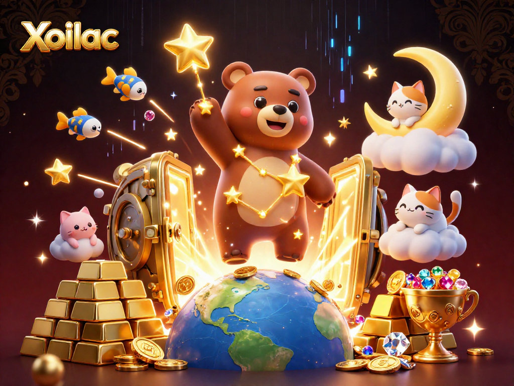 Xoilac showcases a celestial-themed casino scene with vibrant characters and treasures, enhancing your gaming experience.