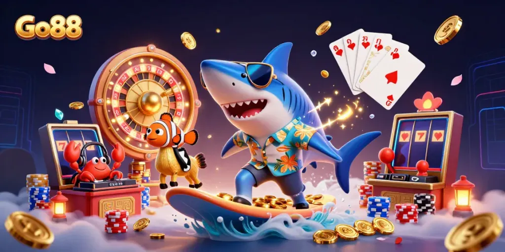 Experience excitement at Go88 with a 3D shark surfing on gold coins, featuring vibrant casino elements.