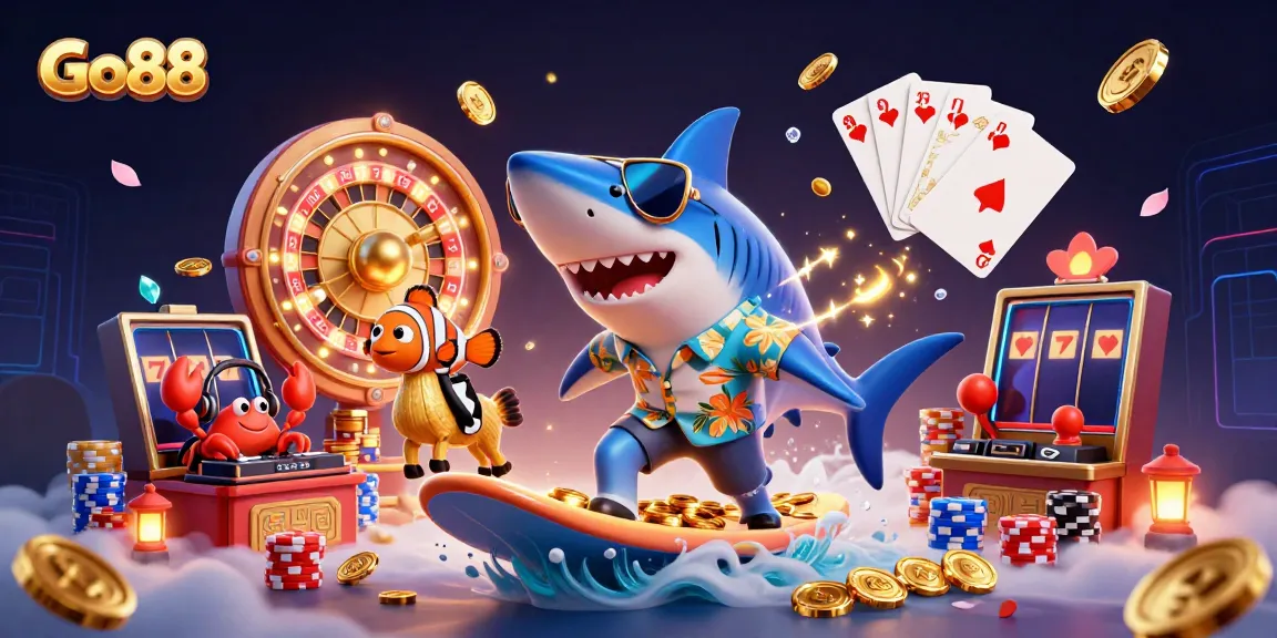 Experience excitement at Go88 with a 3D shark surfing on gold coins, featuring vibrant casino elements.