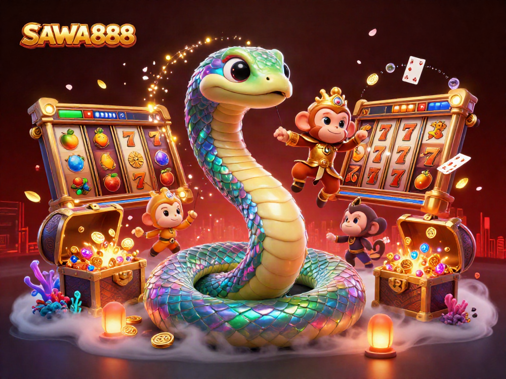 Engage with SAWA888's vibrant casino scene featuring a rainbow serpent and slot elements.