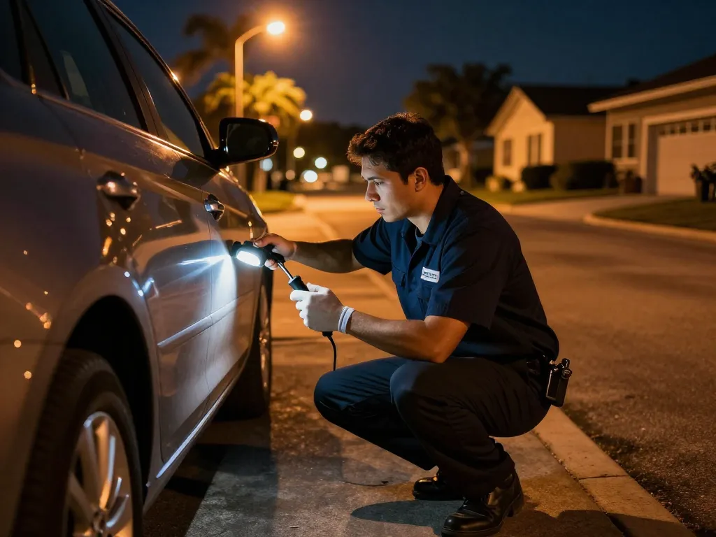Emergency locksmith in Port St. Lucie unlocking a car door at night with professional tools.
