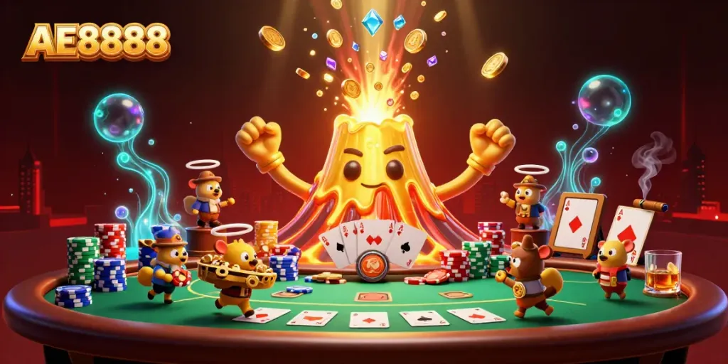 Experience excitement with AE8888 as treasure erupts from a golden volcano in a vibrant casino scene.