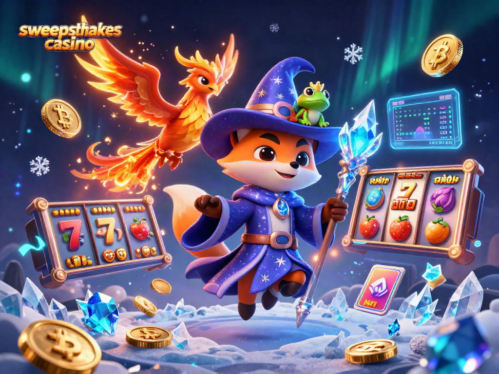 Experience the vibrant world of sweepstakes casino gaming with a dynamic 3D wizard and phoenix.