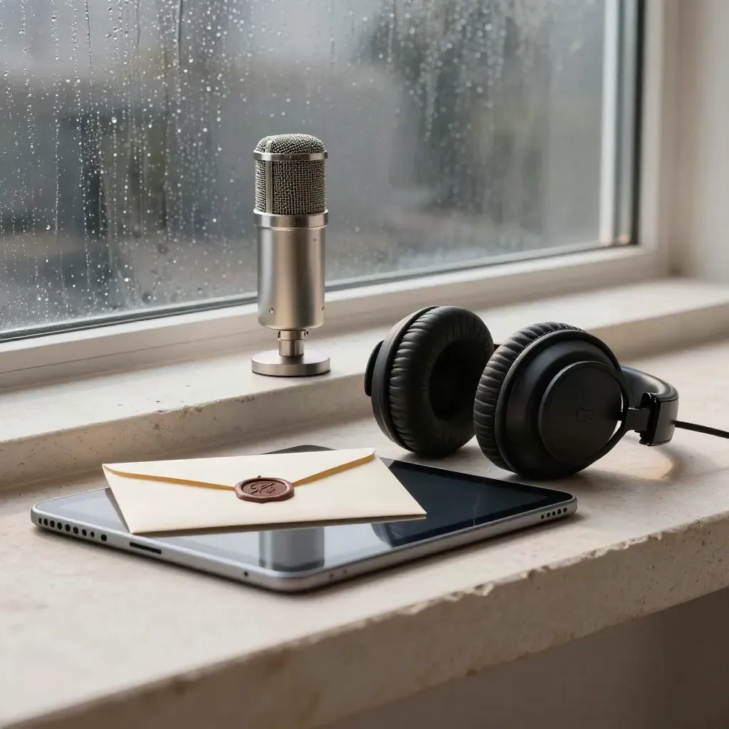 Broadcast mic, headphones, tablet, and envelope on pale stone in a rainy newsroom studio.