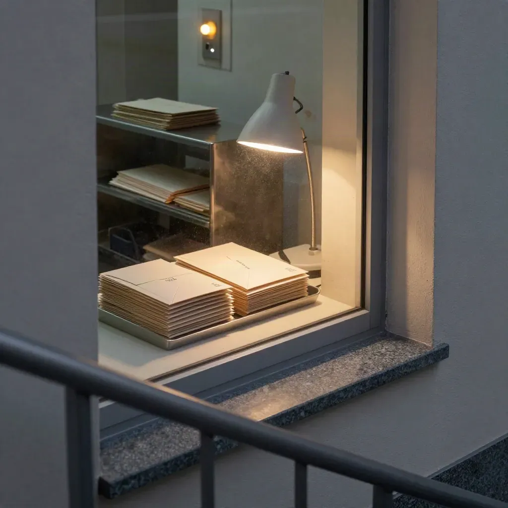 Dim office window with sealed envelopes and a blinking hallway light in a stairwell view