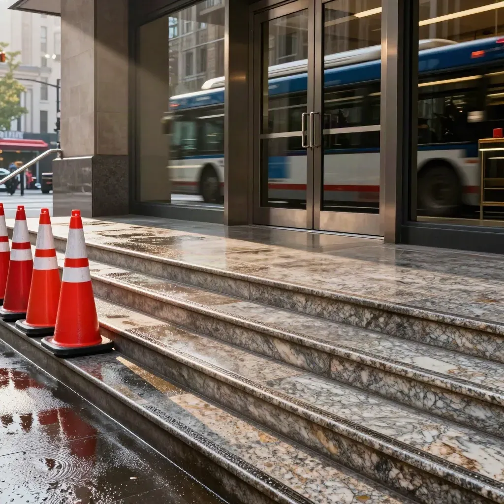Wet city hall stairs with stacked traffic cones and a bus reflection sliding across glass