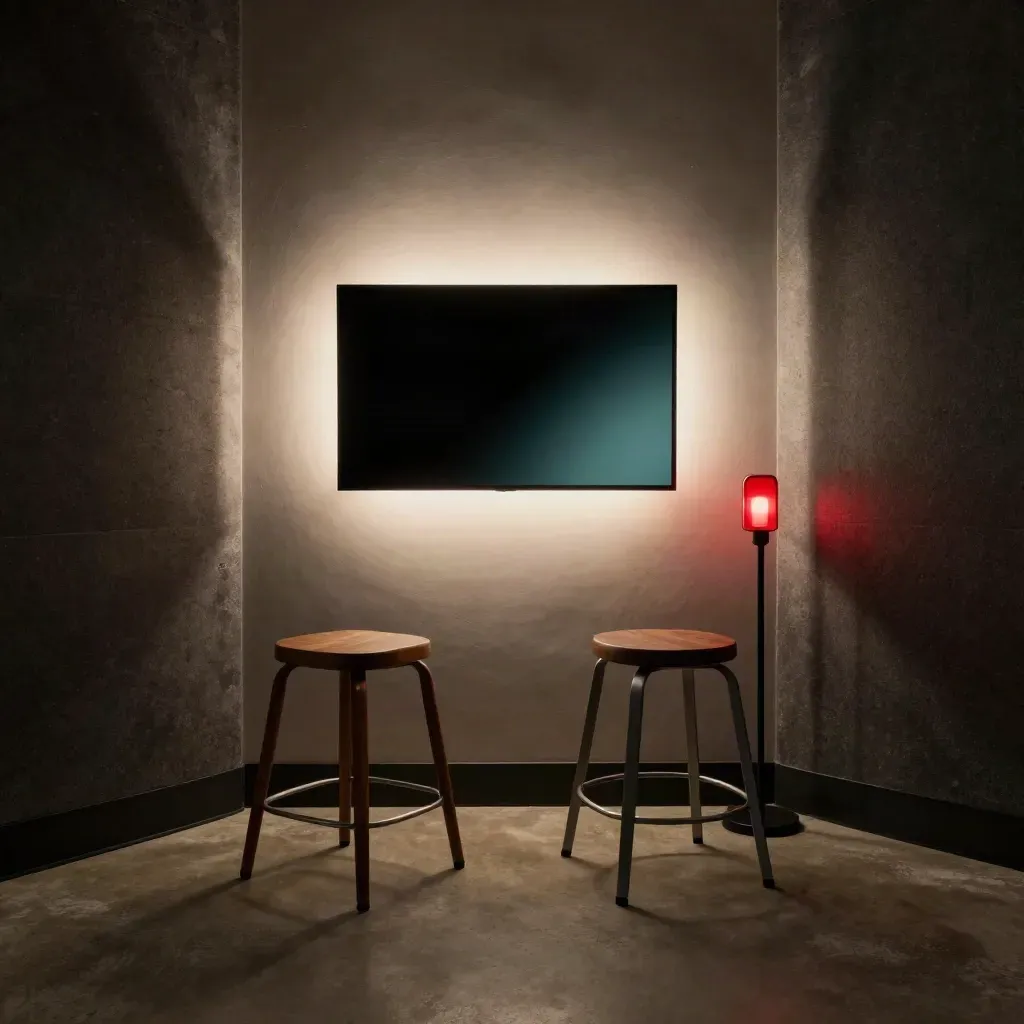 Dim studio corner with glowing video wall, two empty stools, and a red tally light.