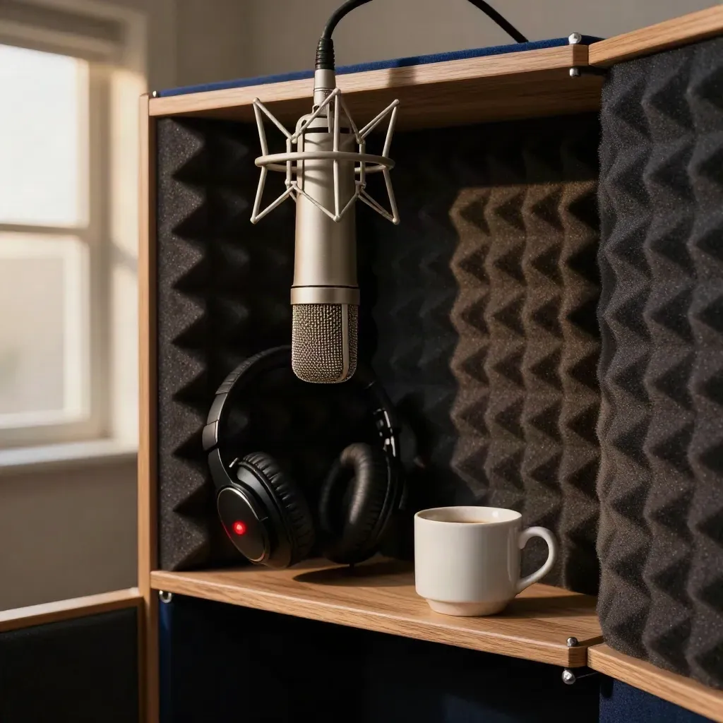 Podcast microphone, headphones, and coffee cup inside a warm booth with the record light on
