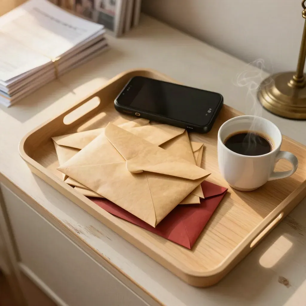 Flat lay of sealed mail, a phone, and coffee on pale wood in warm light.