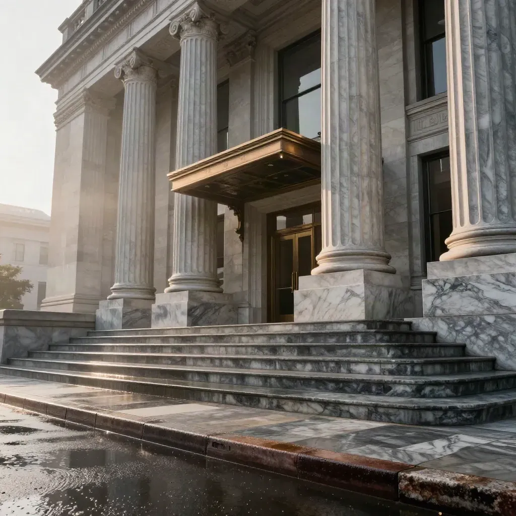 Rain-slick state capitol columns and an empty press entrance in soft morning light.