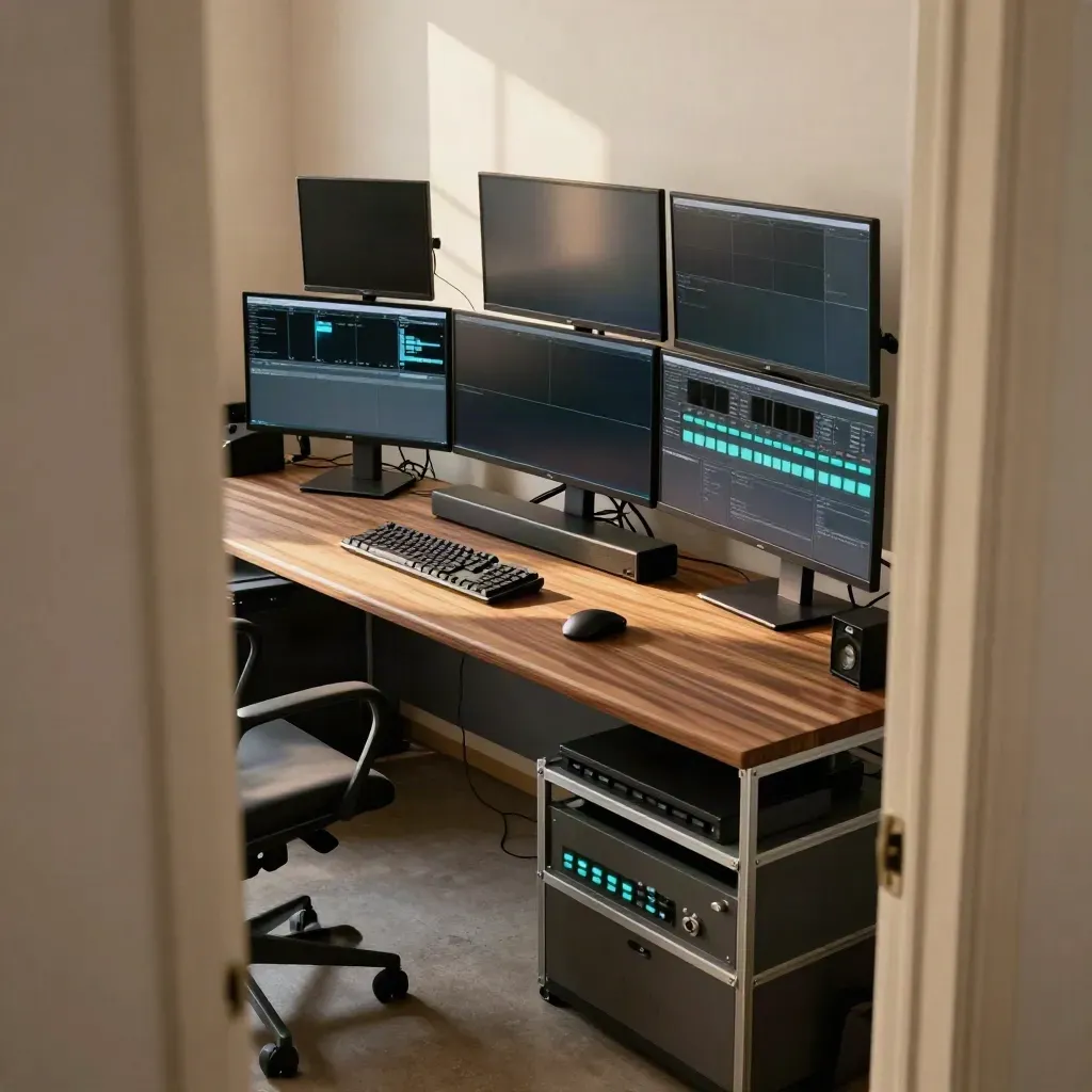 Empty edit suite with stacked monitors glowing to life and teal LEDs under soft daylight