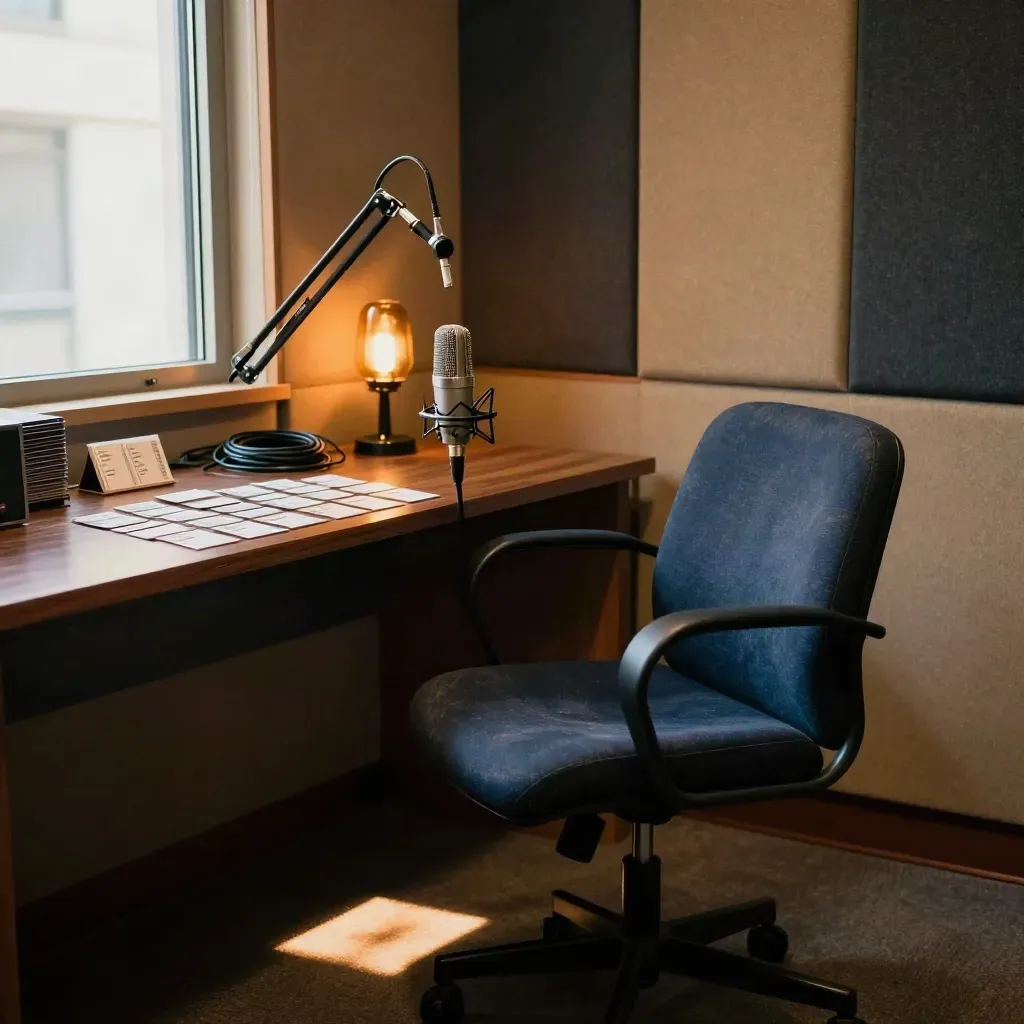 Podcast booth chair, hanging mic, and face-down cards on a console in warm late-afternoon light.