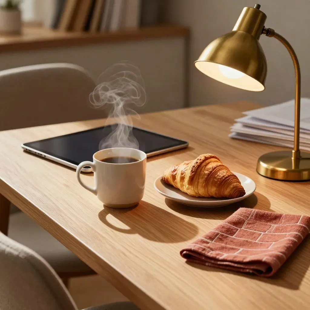 Steam over coffee, croissant, tablet, and lamp in a sunlit office nook