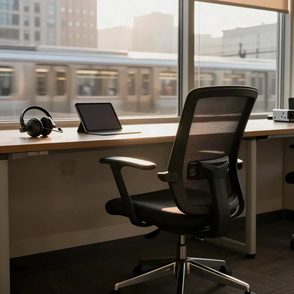 Black rolling chair by a window-side newsroom desk, subway blur and skyline beyond.