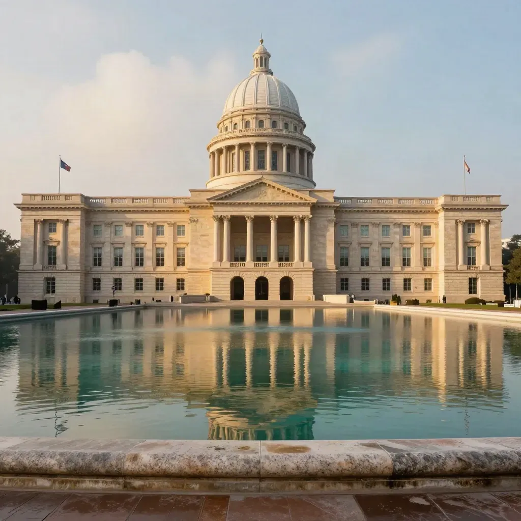 Limestone civic building, reflecting pool, and flags in a formal wide editorial scene.