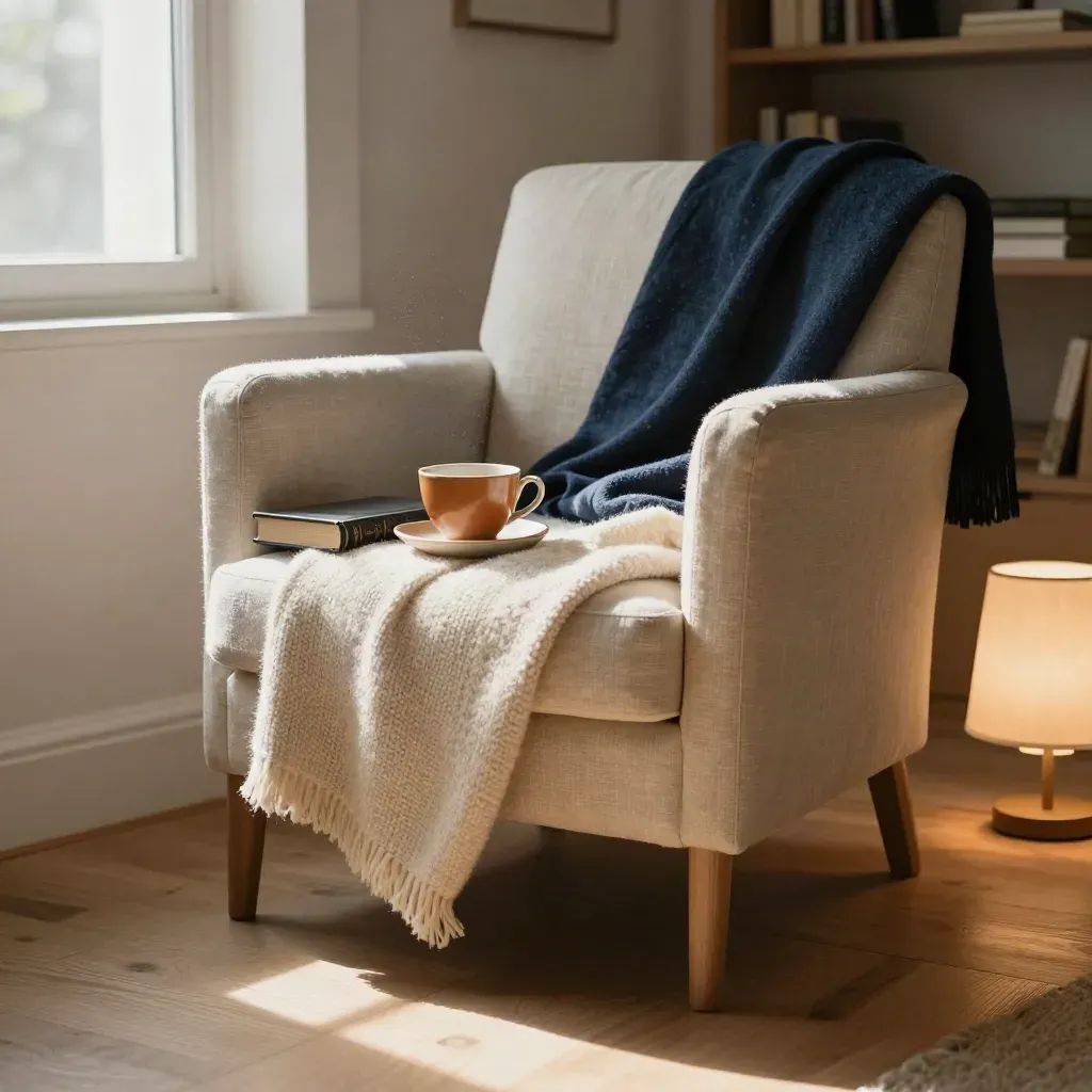 Cozy reading nook with tea cup, wool throw, closed book and low lamp in late afternoon light