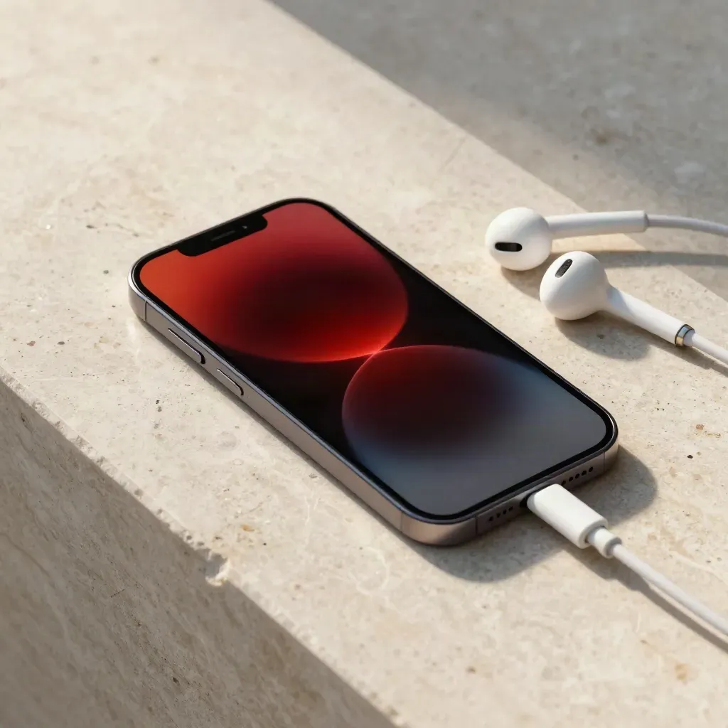 Top-down glass device with glowing alerts, earbuds, and cable on pale stone.