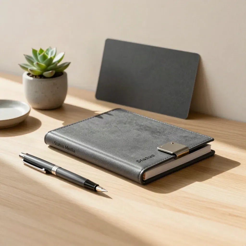 Graphite portfolio with pen, succulent and ceramic dish on warm wood under soft window light.