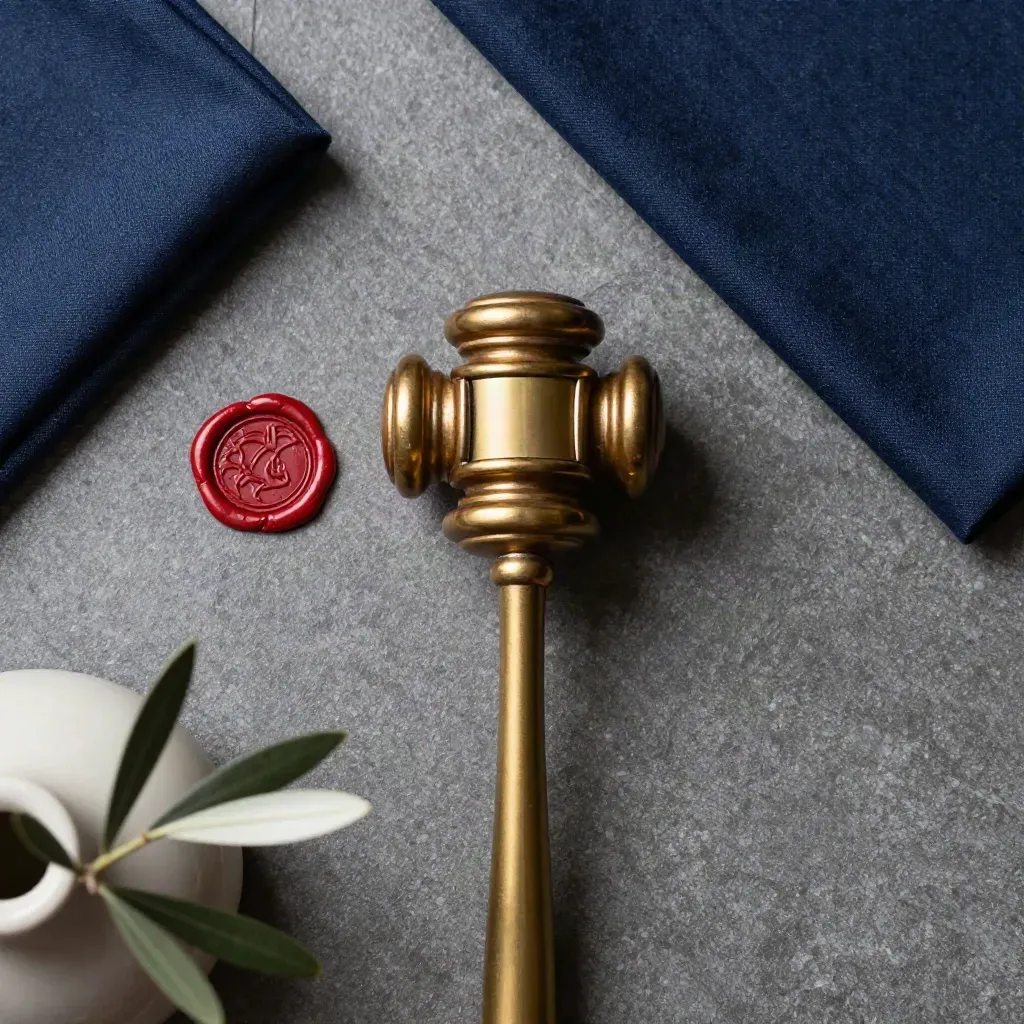 Brass gavel with navy cloth, wax seal, and olive sprig on stone flatlay