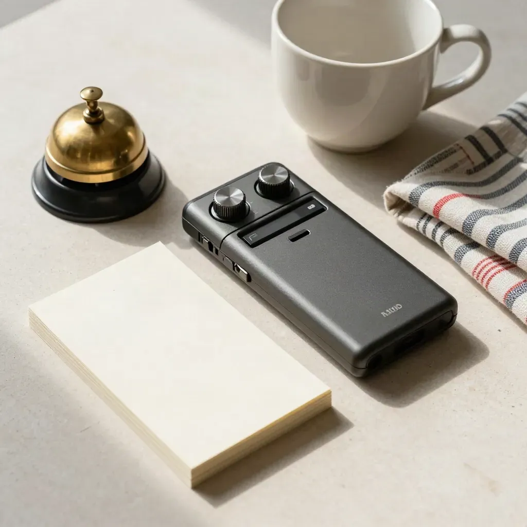Field recorder with bell, cup and cloth on stone, top-down editorial still life.