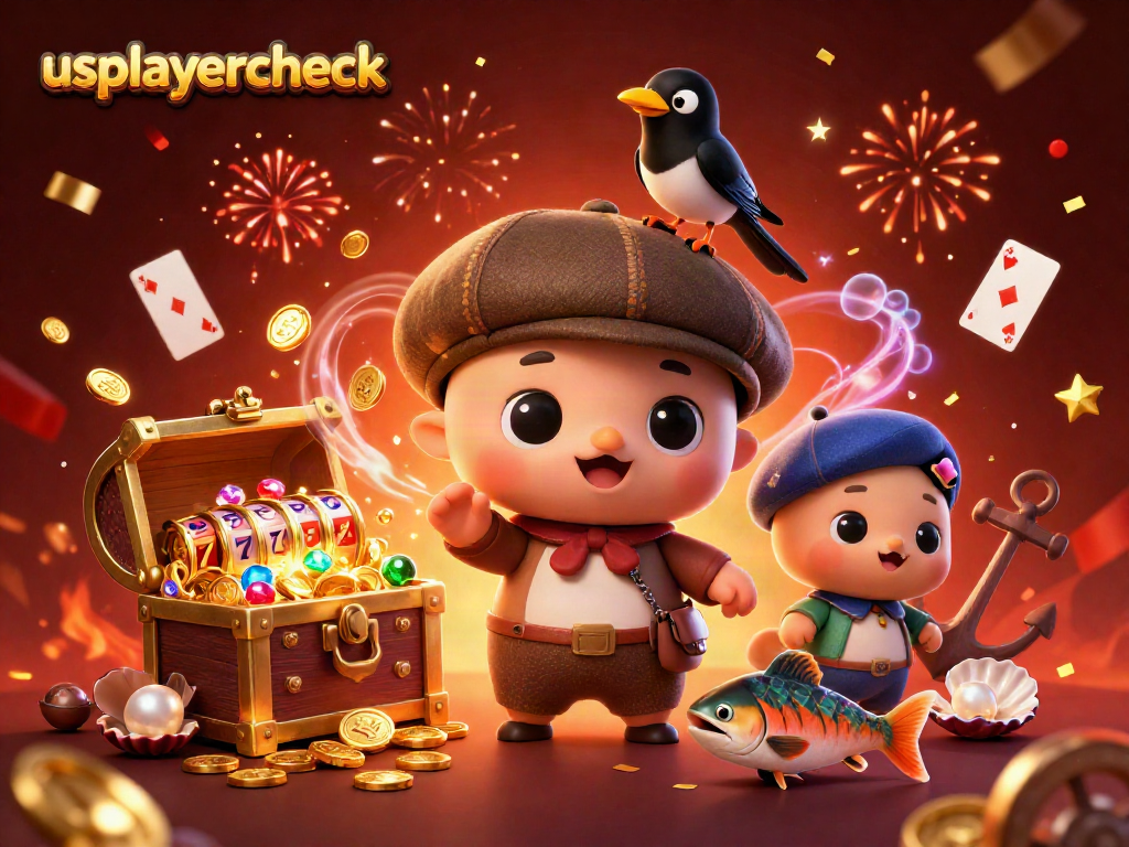 usplayercheck showcases a vibrant 3D illustration of a cute baby Nessie at a casino, surrounded by slot elements.