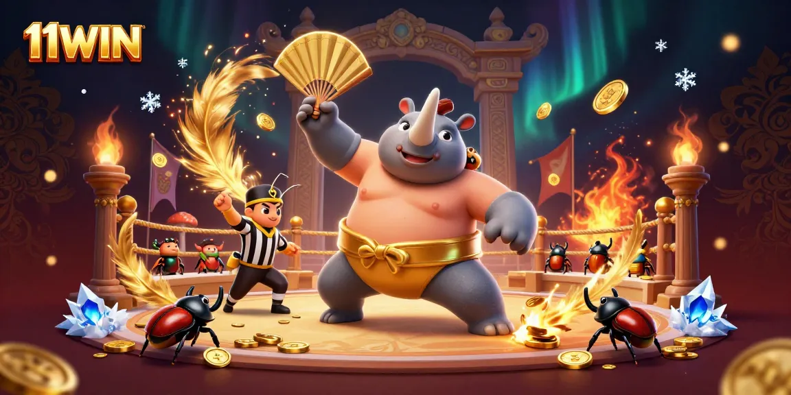 Experience 11WIN's excitement with a dynamic 3D beetle casino scene featuring gold coins and vibrant visuals.