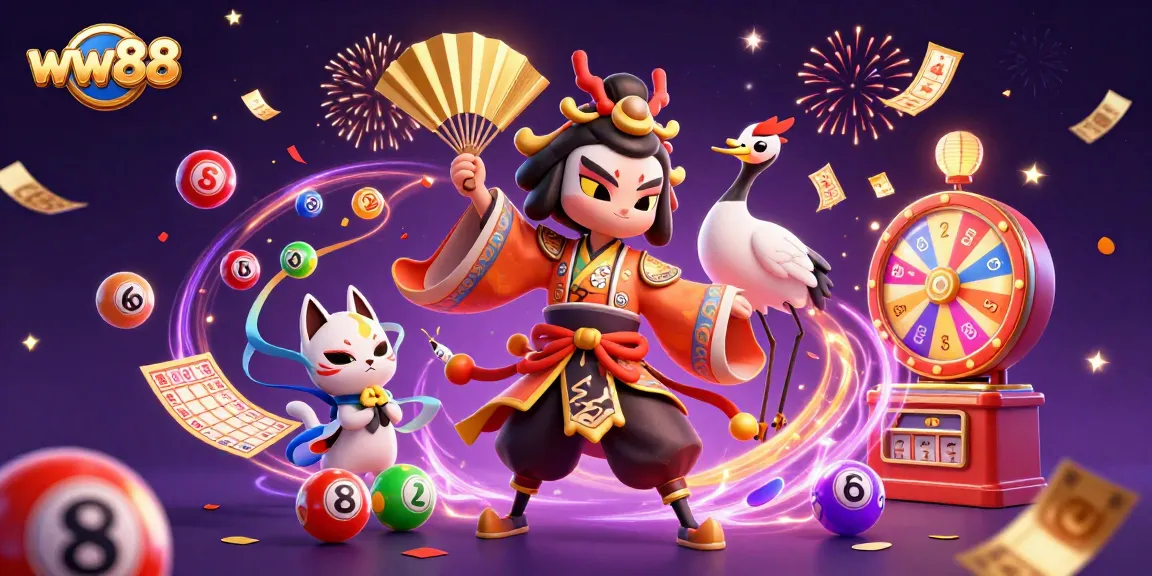 Engage with ww88's vibrant gaming world featuring dynamic lottery elements and festive characters.