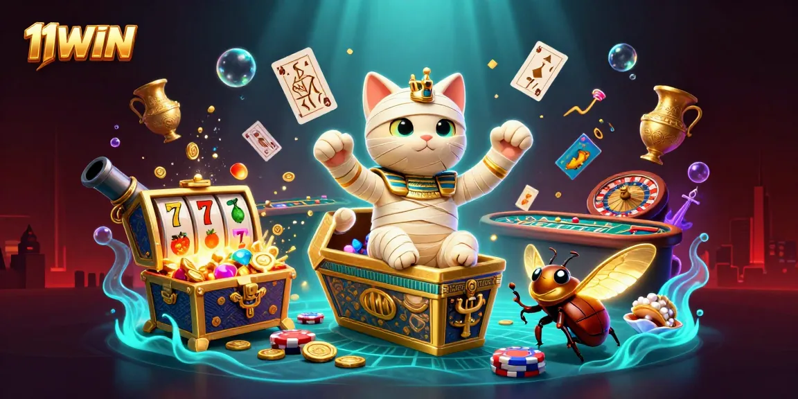 Engage with thrilling casino adventures at 11WIN featuring a mummy cat and glowing treasures.