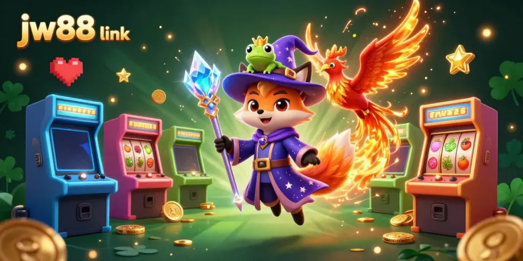 Experience the thrill of action with the jw88 link in a vibrant casino scene featuring a wizard fox and phoenix.