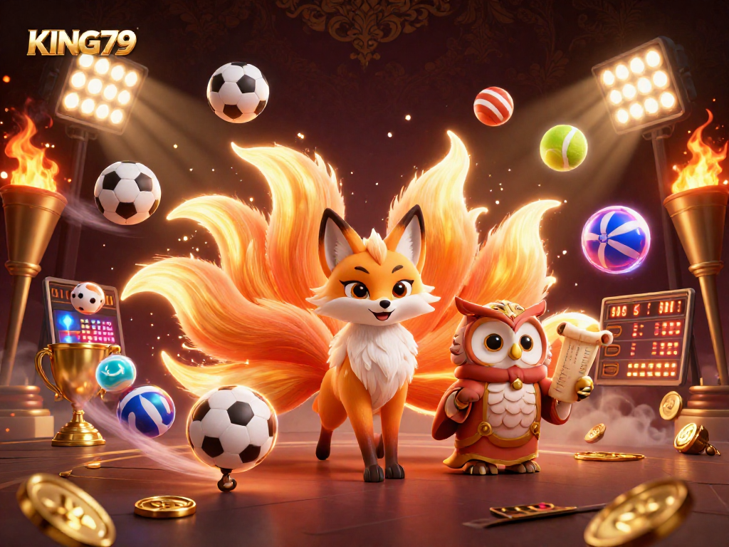 Engage with the thrilling KING79 experience, illustrated by a vibrant nine-tailed fox and wise owl amidst dynamic gaming elements.
