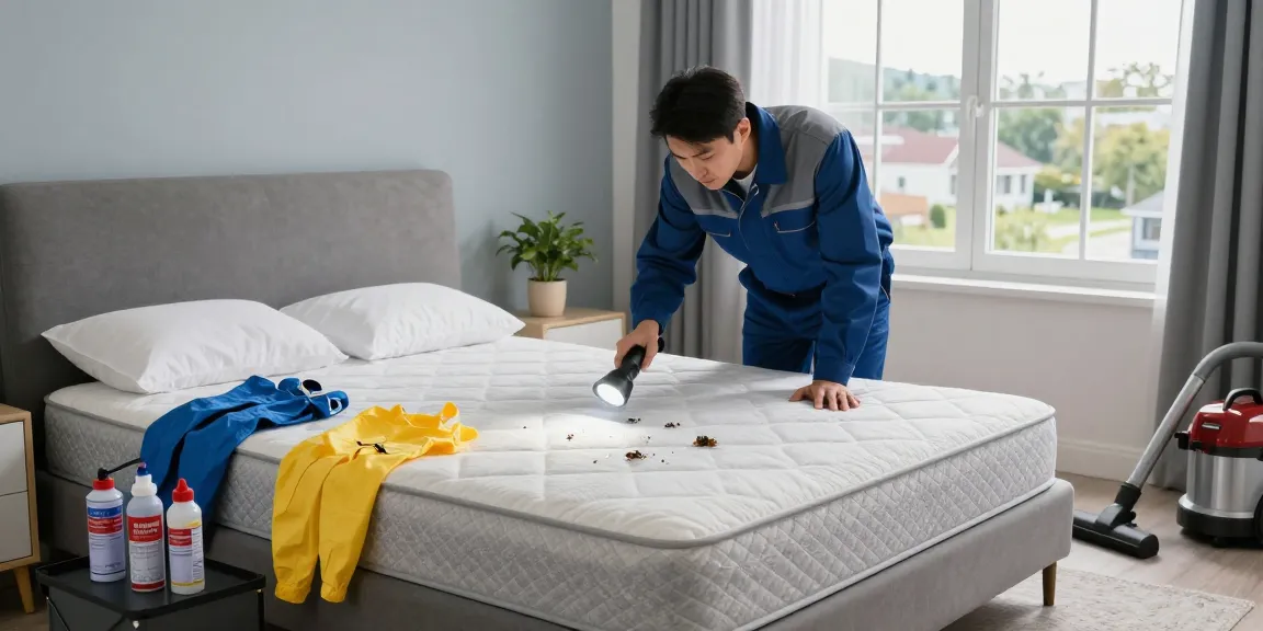 Bed bug pest control professional inspecting for infestation in a modern bedroom.
