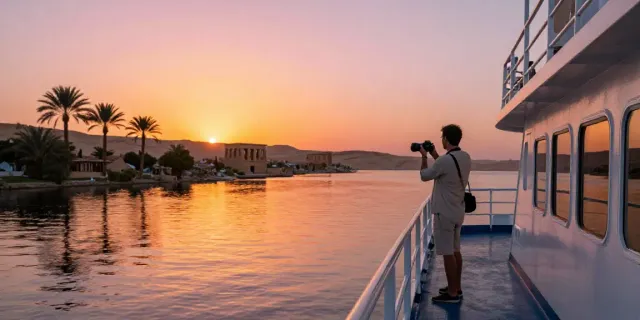 Enjoy a relaxing Lake Nasser Cruise at sunset with serene waters.