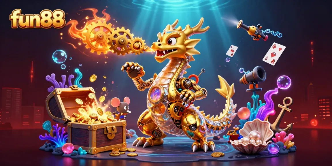 Join the excitement of fun88 with a dragon breathing gears in a vibrant casino scene.