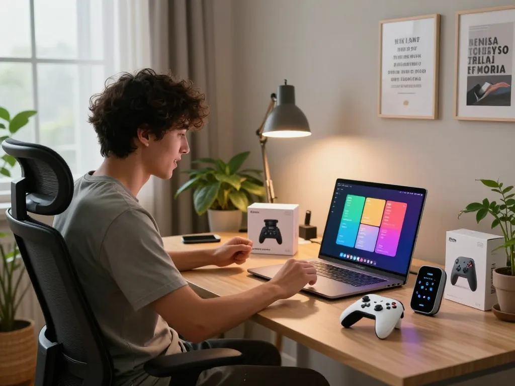 Person enthusiastically exploring affordable tech gadgets on a sleek desk in a modern home office.