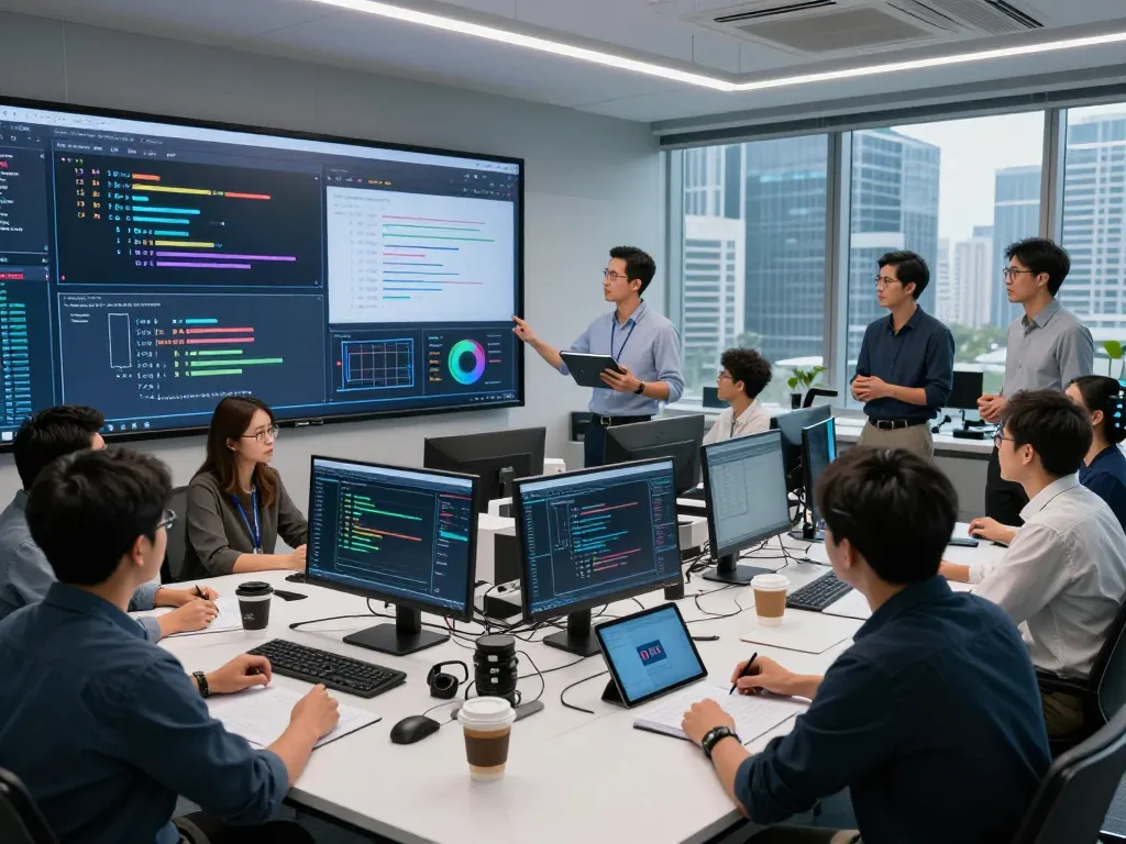 Researchers analyzing data on sex AI applications in a modern lab setting, showcasing collaborative technology.