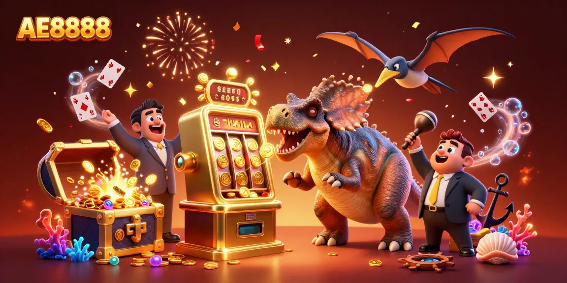 Headbutting a slot machine in a vibrant casino scene featuring AE8888 characters and elements