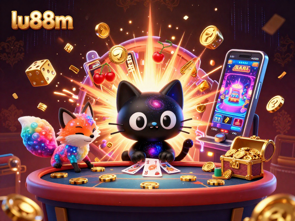 lu88m features a cosmic casino scene with a black hole cat and nebula fox surrounded by gaming excitement
