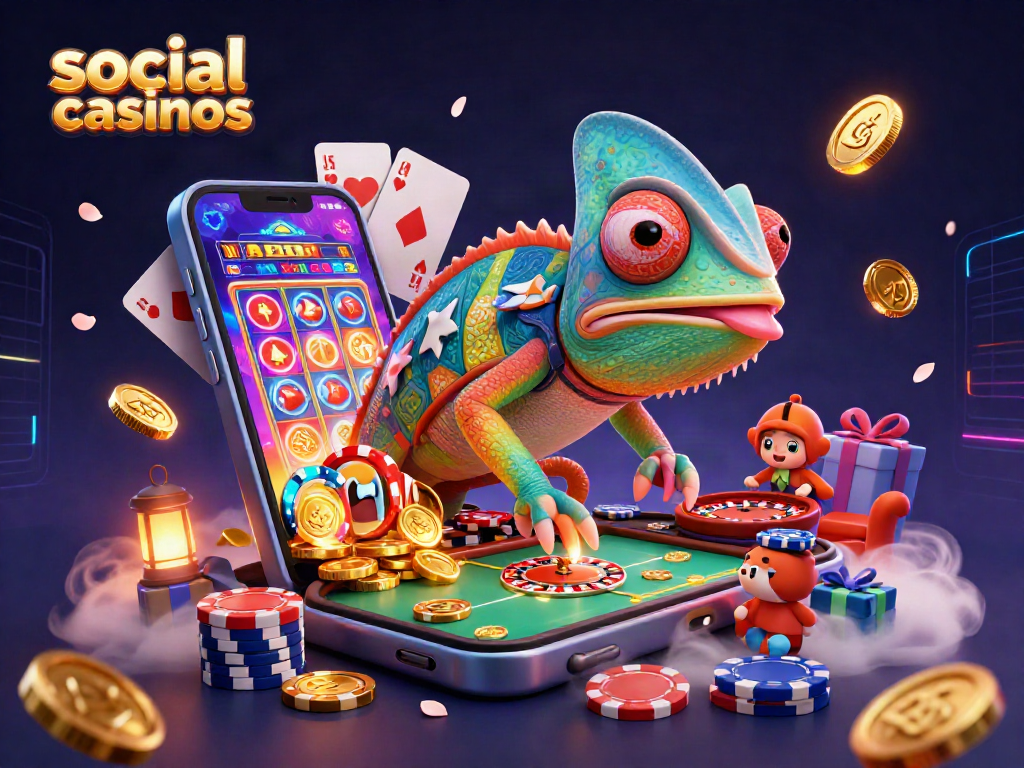 Engaging scene of social casinos showcasing a vibrant chameleon casino owner amidst dynamic gaming elements.