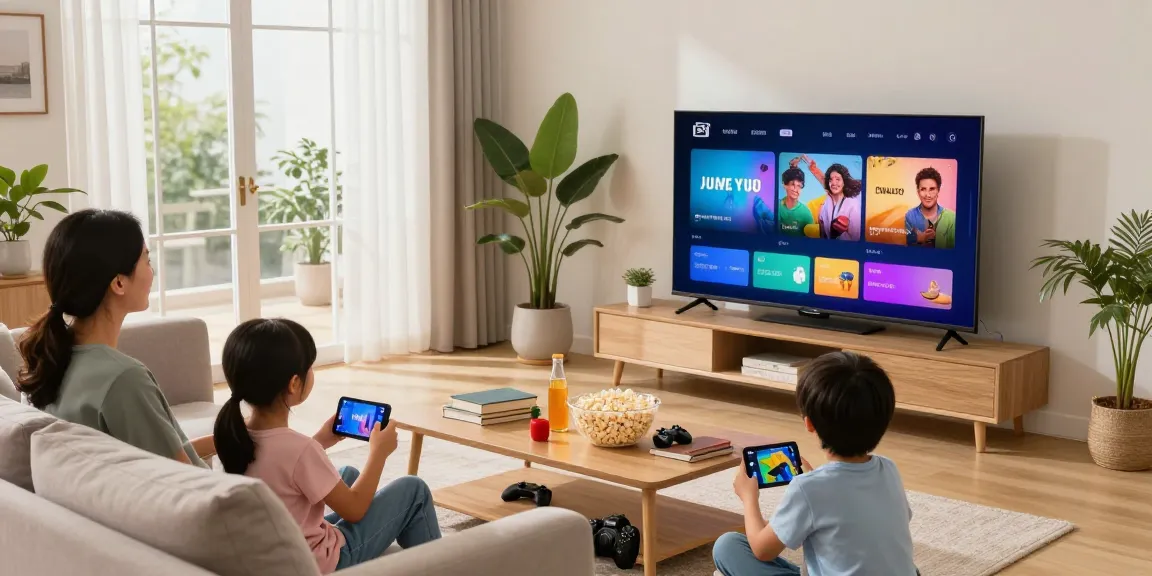 Family enjoying IPTV vs cable in a cozy living room with various devices.